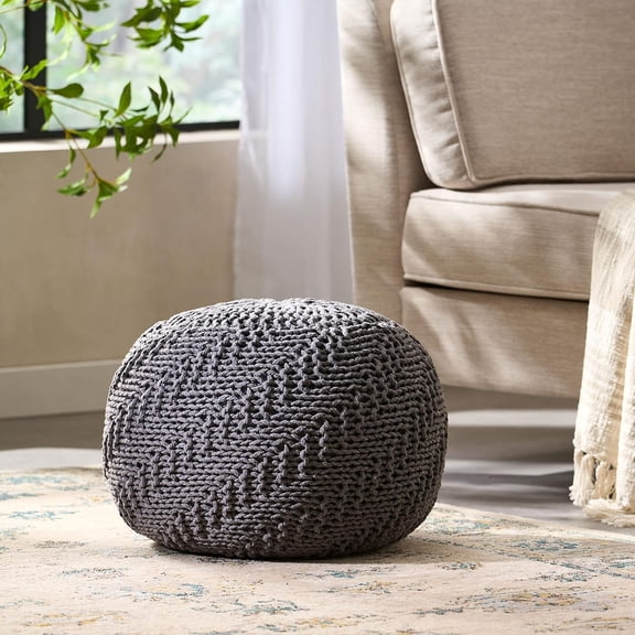 LiviNest Crocheted Pouf Ottoman: Handmade Round Footrest for Small Apartments - Gray Knit Weave Design with Durable Yarn Material & Compact 20x14 Inch Size for Living Room Seating & Home Decor