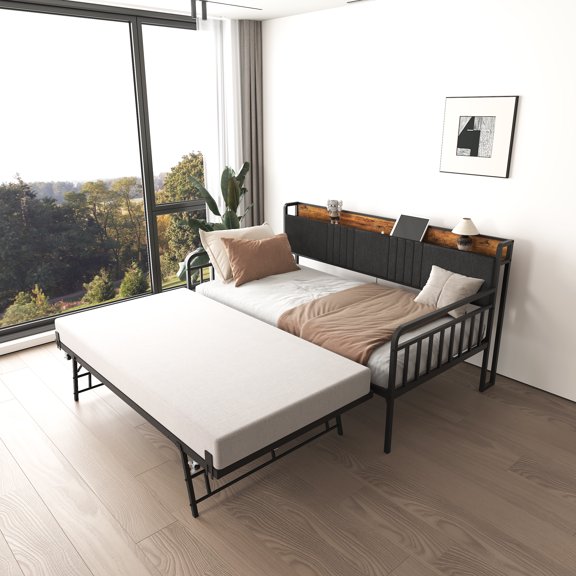 LiviNest Daybed with Trundle & LED Headboard: Modern Metal Twin Bed Frame with Storage Drawers & Charging Station - Creative Workspace Solution for Small Apartments & Studio Living