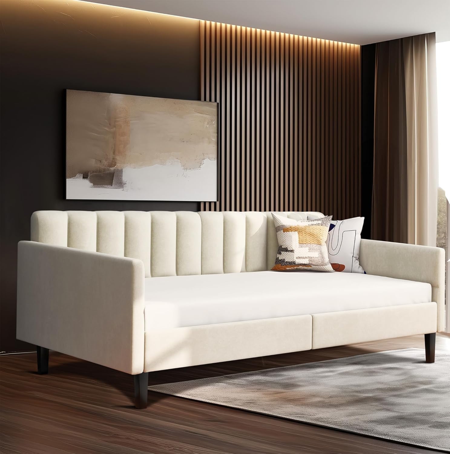 Beige Velvet Upholstered Twin Daybed with Tufted Back and Metal Frame