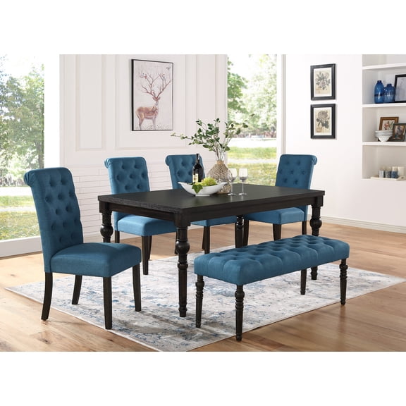 LiviNest Dining Set with Button-Tufted Bench, 6-Piece Dark Wash Wood Table and 4 Chairs, Solid Rubberwood Frame for Family Dining Room