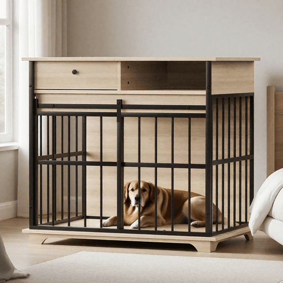 LiviNest Dog Crate Furniture for Large Dogs: Modern Wooden Pet Kennel with Storage Drawer & Side Compartment - Spacious Indoor Dog Cage for Medium Large Breeds Home Decor