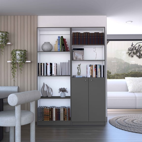 LiviNest Dupree 2 Piece Bookcase Set 49 Inch Wide 9 Shelves, Living Room Storage, Matt Gray/White