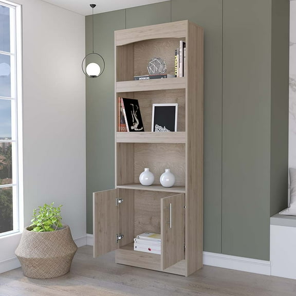 LiviNest Durango Bookcase with Double Door Cabinet: Modern Office Storage Solution with Three Shelves & Framed Design - Beige Particle Board Melamine Construction for Home Office Organization & Works