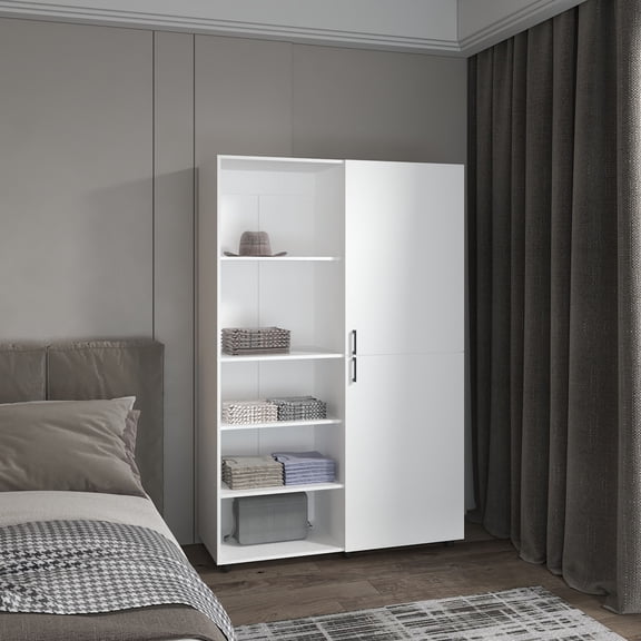 LiviNest Eco High Two Door Freestanding Armoire With Hanging Rod And Interior Shelves, Compact Bedroom Wardrobe, White