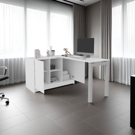 LiviNest Elfrida White Desk with Two Open Storage Shelves, Contemporary Space-Saving Design for Home Office or Study Area, 59.4 x 42.9 Inches