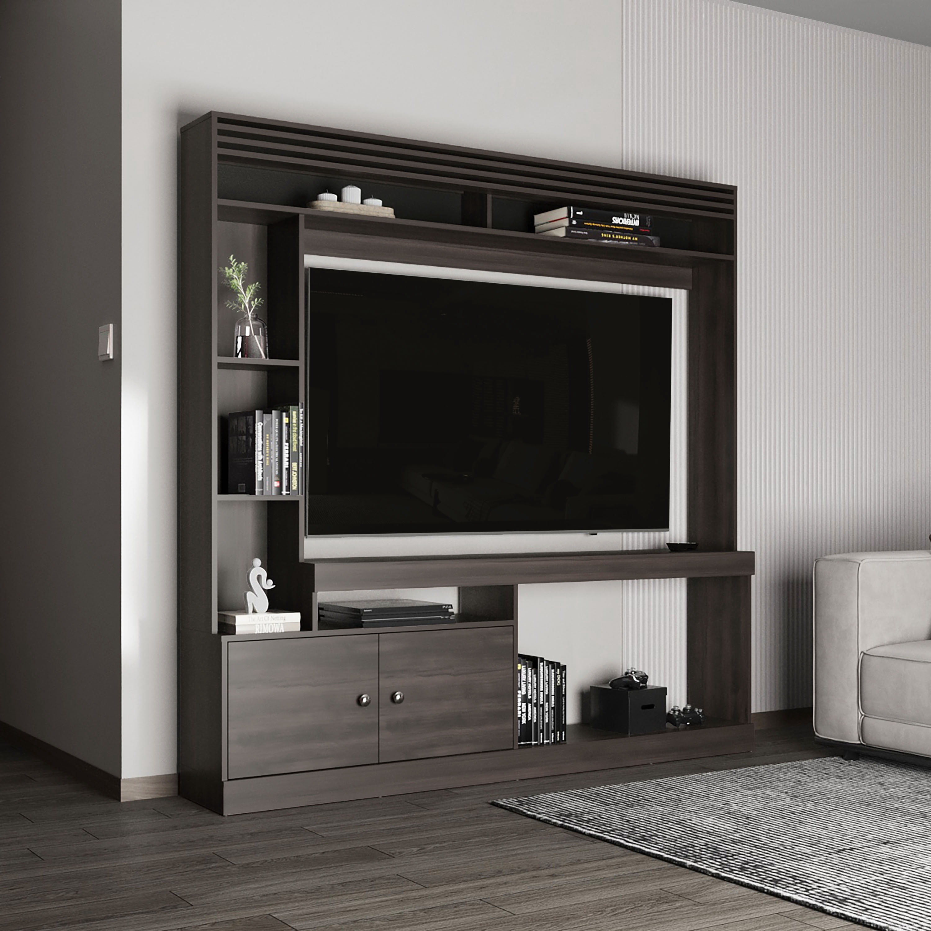 LiviNest Entertainment Center TV Stand: 65 Inch Media Console with 2 Doors & 7 Shelves - Modern Walnut Finish Storage Unit for Home Office & Living Room Organization