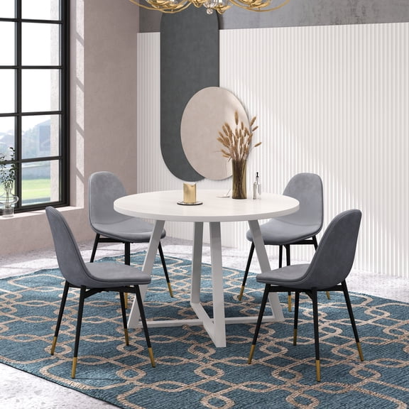 LiviNest Evatt 5-Piece Round Dining Set, Trestle Table with Stain-Resistant Top, 4 Gray Velvet Chairs with Gold Legs, Seats 4