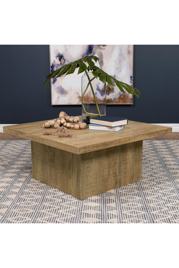 Exeter Square Coffee Table: Rustic Mango Finish Engineered Wood - Spacious Overhang Top & Oversized Block Base for Creative Workspace & Small Apartment Living