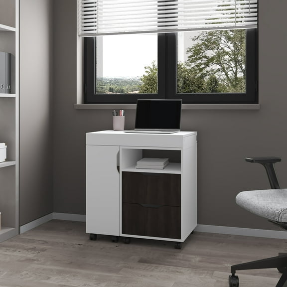 LiviNest Extendable Computer Desk with Two Drawers & Open Shelves: Sliding Mechanism Mobile Workstation - Particle Board Melamine Modern Design for Remote Programmers Home Office Workspace