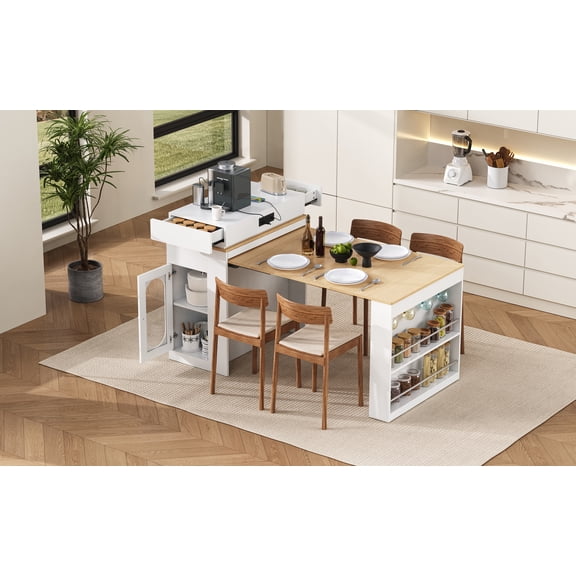 LiviNest Extendable Dining Table Kitchen Island: 18.7"-57.7" Folding Tabletop - 4-in-1 Sideboard with Power Outlet & Storage for Small Space Dining & Work
