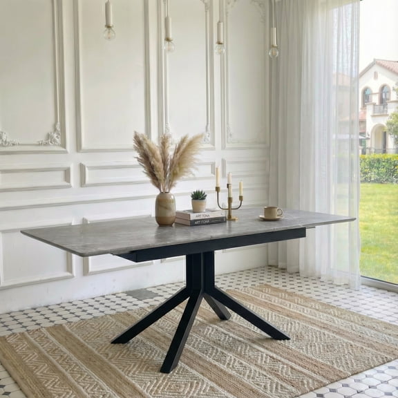 LiviNest Extendable Dining Table for Small Spaces: 15.75 Inch Smart Extension from 4-6 to 6-8 Seats - Modern Rectangular Kitchen Table with Light Gray Marble MDF Top & Geometric Metal Legs