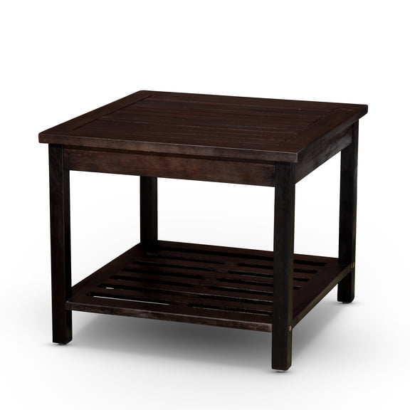 LiviNest FSC Eucalyptus Outdoor Side Table: 2-Shelf Design Doubles Storage - Espresso Finish for Patio Deck Balcony - Sturdy Slatted Water Drainage - Easy Assembly