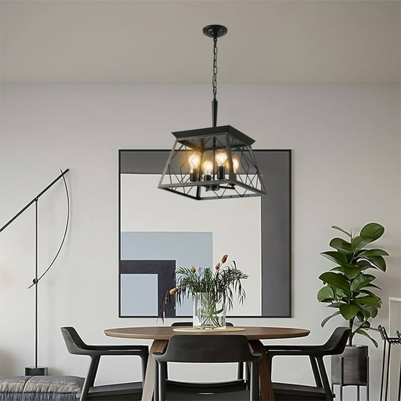 LiviNest Farmhouse Chandelier 4-Light Industrial Style: Metal Geometric Open Frame Design - Rust Resistant Adjustable Chain Lighting for Boutique Inn Dining Areas & Commercial Spaces