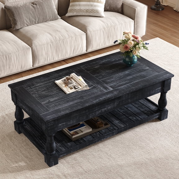 LiviNest Farmhouse Lift Top Coffee Table: 1-Table 2-Heights for Dining & Work - 4-in-1 Storage System with 3 Hidden Trays & Shelf - Weathered Black Finish Rustic Living Room Table for Small Spaces &