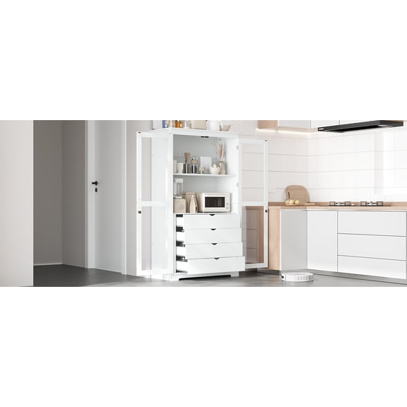 LiviNest Farmhouse Pantry Cabinet: Extra Large Kitchen Storage with Glass Doors & 4 Drawers - Solid Pine Wood Freestanding Display Cabinet for Dining Room & Home Office in White