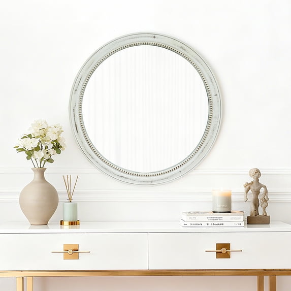 LiviNest Farmhouse Wall Mirror: 23.62" Round Distressed White Wood Beaded Accent Mirror - 1 Mirror 2 Uses for Bathroom Bedroom & Entryway - Vintage Shabby Chic Decorative Mirror for Home Decor