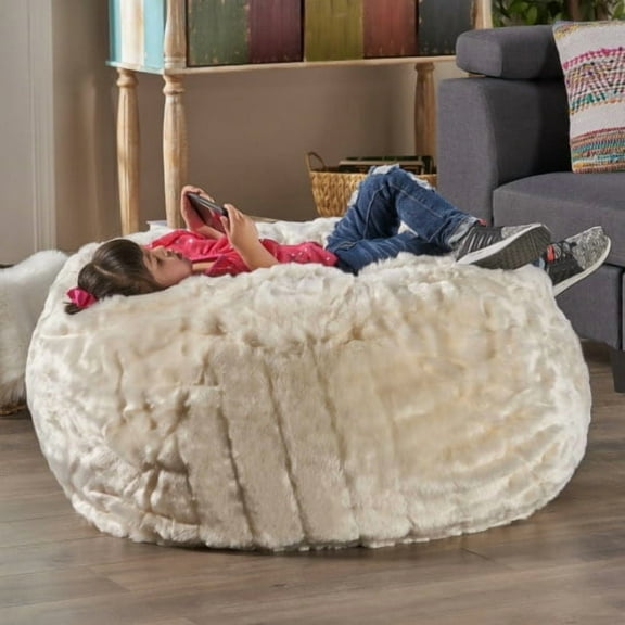 LiviNest Faux Fur Bean Bag Chair: Modern White Large Lounger for Home Office Break Area - Soft Polyurethane Foam Filling & Removable Cover for Adults 300lb Capacity