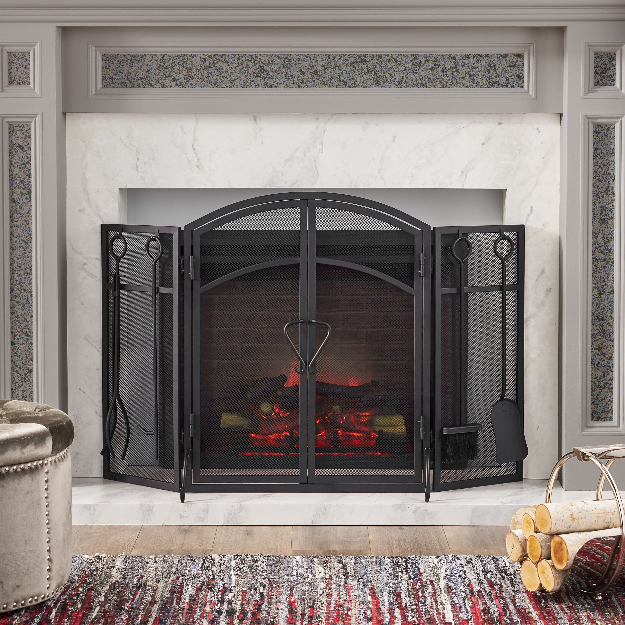 LiviNest Fireplace Screen with Doors & Tools: Iron 3-Panel Folding Fire