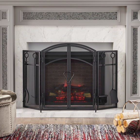LiviNest Fireplace Screen with Doors & Tools: Iron 3-Panel Folding Fire Guard - Magnetic Access Doors & Tool Hooks for Home/Bedroom/B&B Safety Protection