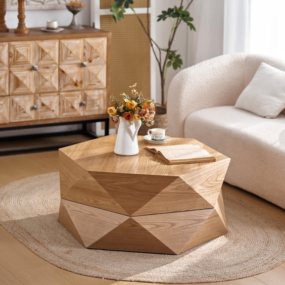 LiviNest Flip Top Coffee Table for Small Space: 36" Polygon Drum Table with Hidden Storage - 1-Second Clutter Concealment for Living Room & Apartment - Retro Style Solid Wood Veneer