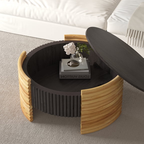 LiviNest Flip Top Storage Coffee Table for Living Room: 110 lbs Top & 60 lbs Hidden Storage - Modern Two-Tone Round Center Table for Apartment & Small Space - Easy Assembly Dark Brown & Wood Color