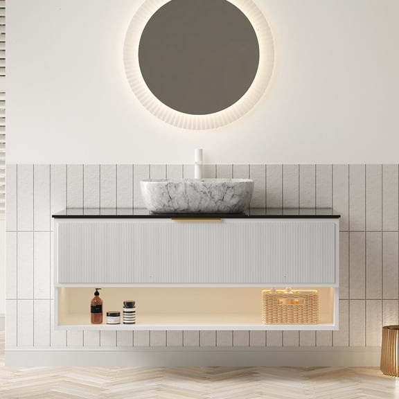 LiviNest Floating Bathroom Vanity with Sensor Light: 48" Pre-Assembled Vanity & Sink - Auto-On Night Light for Safe Nighttime Bathroom Visits - Modern White Cabinet with Black Sintered Stone Top & Ce