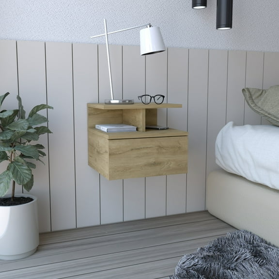 LiviNest Wall-Mounted Nightstand for Small Bedroom: Floating Nightstand with Drawer & Shelves - 100% Floor Space Free for Apartment & Guest Room - Modern Beige Engineered Wood