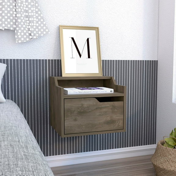 LiviNest Floating Nightstand for Small Bedroom: Wall Mounted Space Saver with Drawer & 2 Shelves - Modern End Table for Apartment Studio Guest Room - Dark Brown