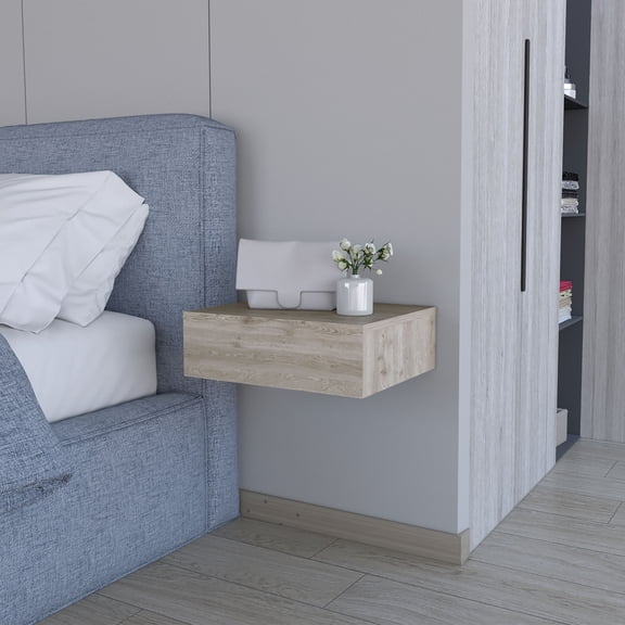 LiviNest Floating Nightstand Wall Mounted: Contemporary Modern Design with Spacious Storage Drawer - Engineered Wood Light Gray Finish for Home Office & Bedroom Organization