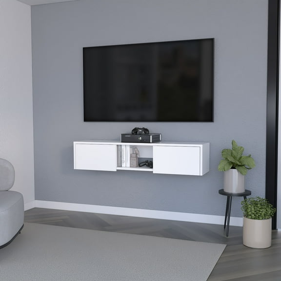 LiviNest Floating TV Stand for Small Spaces: Wall Mount Unit Saves 4 Sq Ft Floor Space - 2 Door Hidden Storage & Open Shelf for 40-49 Inch TVs - Modern White Entertainment Center for Apartments