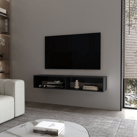 LiviNest Floating TV Stand Wall Mount: Space Saving Media Console for Small Apartments - Modern Black Melamine Entertainment Center with Cable Management & Two Shelves for Living Room Organization