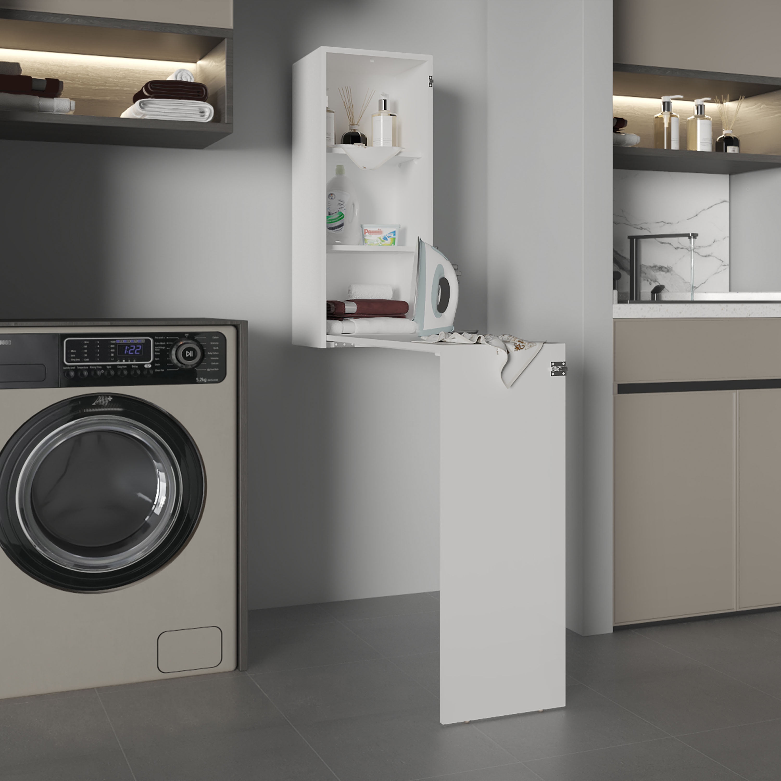 View of LiviNest Foldable Wall Cabinet with Ironing Board: Space Saving Laundry ...