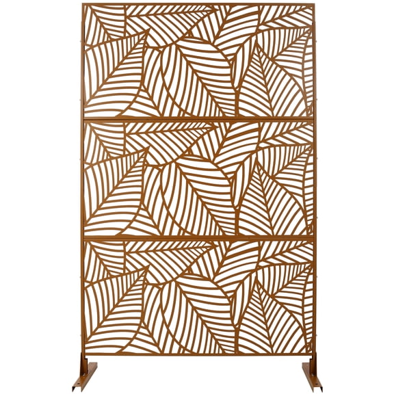 LiviNest Freestanding Privacy Screen: 76" Tall Metal Room Divider for Patio & Balcony - Instant Privacy in 1 Hour - Decorative Leaf Pattern Brown Screen for Outdoor Deck & Indoor Living Space