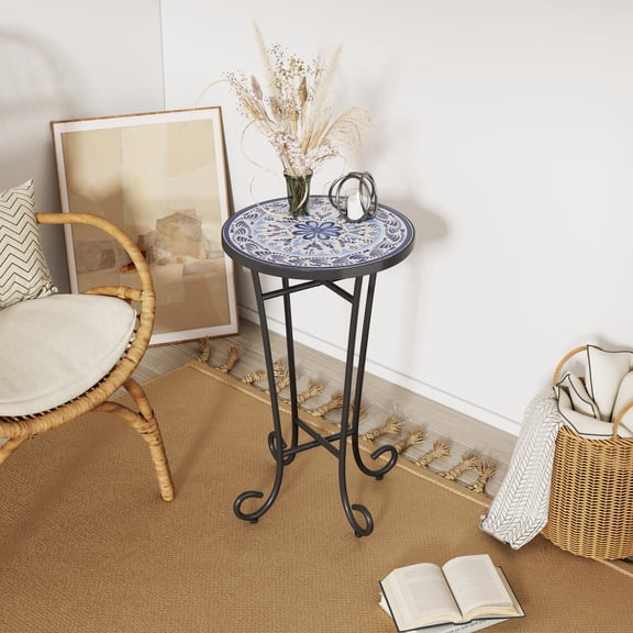 LiviNest French Country Patio Side Table: 50lbs Capacity with Leveling Legs - Ceramic Tile Top for Porch Deck Balcony & Indoor Living Room Bedroom