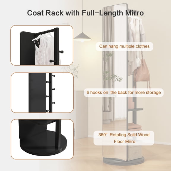 LiviNest Full Length Mirror with Coat Rack: 360 Rotating Multifunctional Floor Mirror - Solid Wood Storage Rack with Hooks & Shelves for Bedroom & Living Room Space Saving Organization