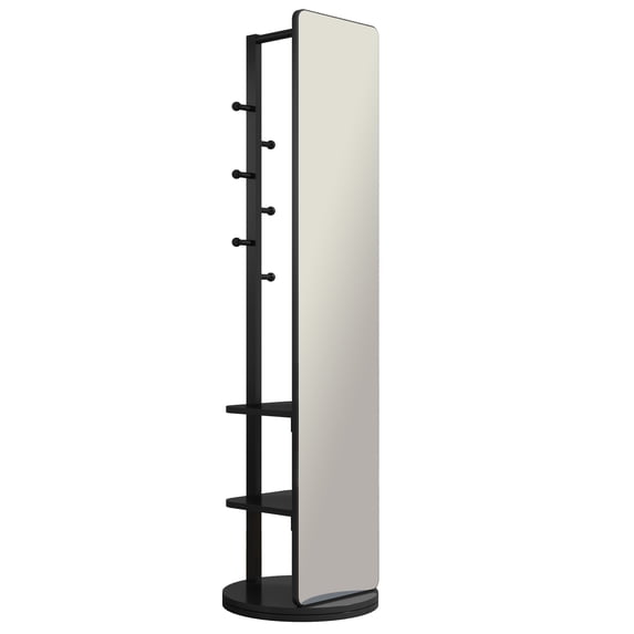 LiviNest Full Length Mirror with Storage & Hooks: 360° Rotating Floor Mirror with Solid Wood Shelves & Coat Rack - Multifunctional Space Saving Design for Home Office & Apartment Entryway