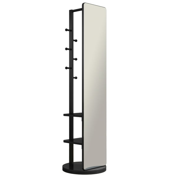 LiviNest Full Length Mirror with Storage & Hooks: 360 Rotating Floor Mirror with Solid Wood Shelves & Coat Rack - Multifunctional Space Saving Design for Home Office & Apartment Entryway