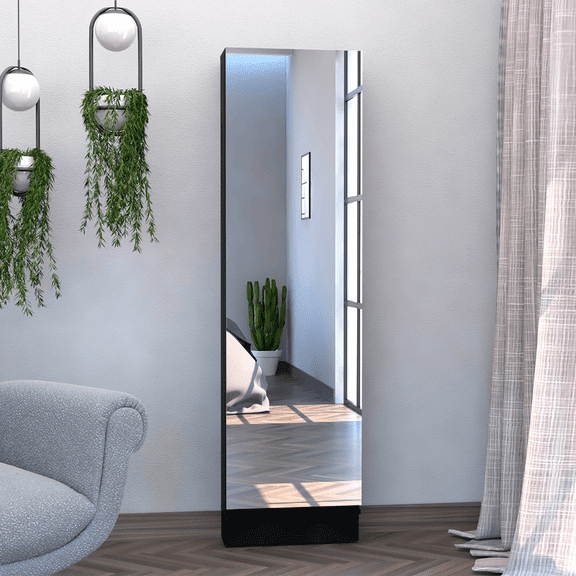 LiviNest Full Length Mirror with Storage - Modern Black Standing Mirror for Fashion Content Creators - 67 Inch Tall Floor Mirror with 5 Shelves & Door for Home Studio Organization