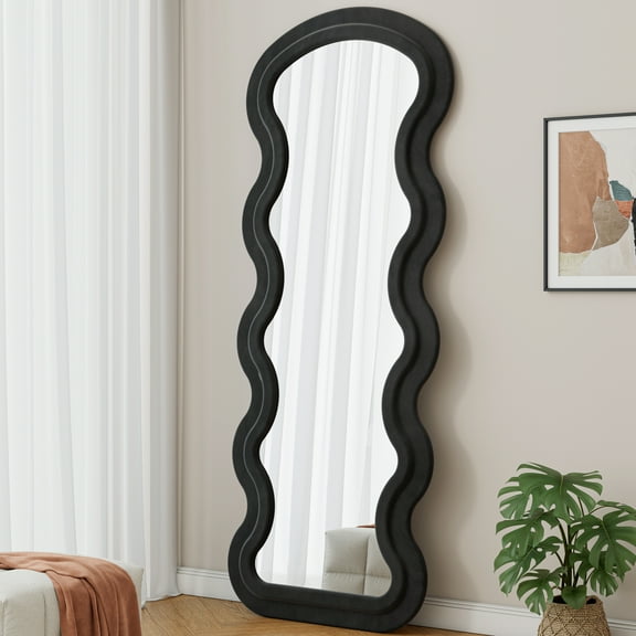 LiviNest Full Length Wave Mirror: Artistic Flannel Frame for Bedroom & Living Room - Wall Mount or Floor Standing Black Modern Decor