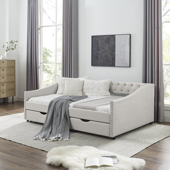 LiviNest Full Size Daybed with Pull Out Storage Drawers, Upholstered Tufted Sofa Bed Button Tufted Back Copper Nailhead Trimmed Waved Arms, Beige Linen