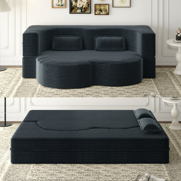 LiviNest Full Size Sofa Bed: Convertible 3-in-1 Floor Sofa & Sleeper for Small Spaces - No Assembly Required - Plush Corduroy Foam Couch with 2 Pillows for Apartments, Dorms & Home Office Use