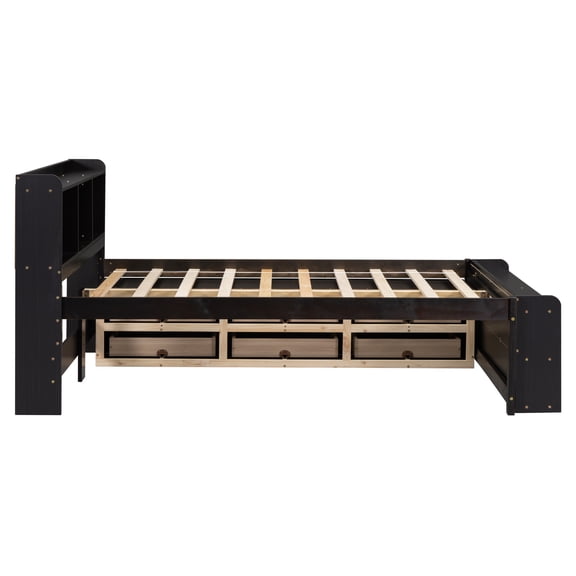 LiviNest Full Storage Bed Frame: Bookcase Headboard with 6 Drawers & 5 Compartments - Pine Wood Construction for Small Space Bedroom Organization & Apartment Living