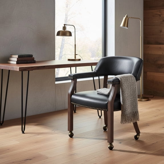 LiviNest Game Dining Chair: Walnut Finish Black Faux Leather Office Chair with Casters & Nailhead Trim - Ergonomic Back Support for Tabletop Gaming & Home Entertainment Rooms