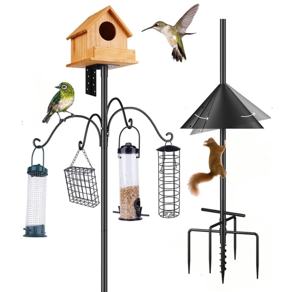 LiviNest Garden Bird House Pole with Auger Bit, Heavy Duty Squirrel Proof Outdoor Bird Feeder Stand, 85 Inch Adjustable Height with 4 Shepherd Hooks and 18 Inch PVC Squirrel Baffle, Black Steel