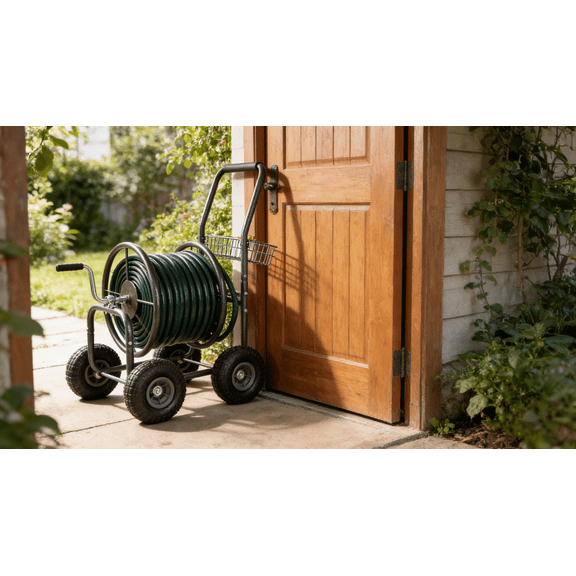 LiviNest 4-Wheel Garden Hose Reel Cart: Effortless Watering Across Lawns & Gardens - Heavy-Duty Rust-Resistant Frame with Storage Basket for Homeowners & Gardeners
