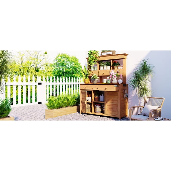 LiviNest Garden Potting Bench Table: 11-in-1 Storage Workstation with Hutch - Zero-Bend Height for Patio & Greenhouse - Fir Wood Frame 6 Drawers 2 Cabinets 3 Shelves