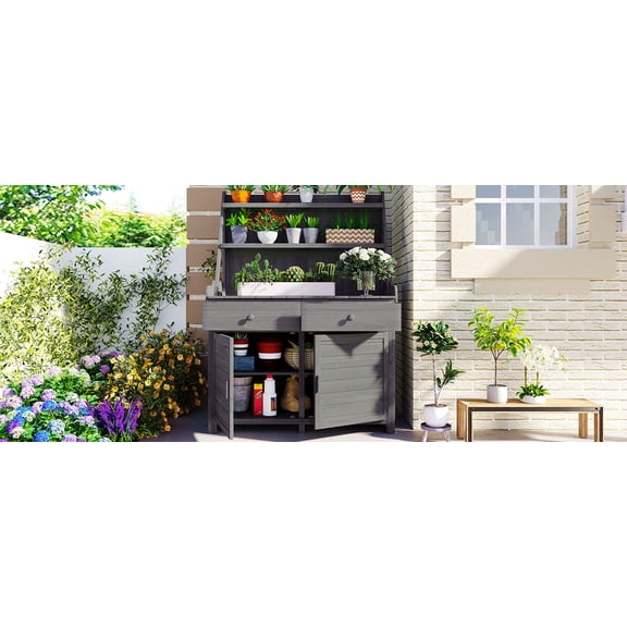 LiviNest Garden Potting Bench Table: 6-Zone Organized Storage Workstation - 34-Inch Back-Saver Height & 200+ lbs Total Capacity - Rustic Fir Wood with Drawers & Cabinet for Gardeners