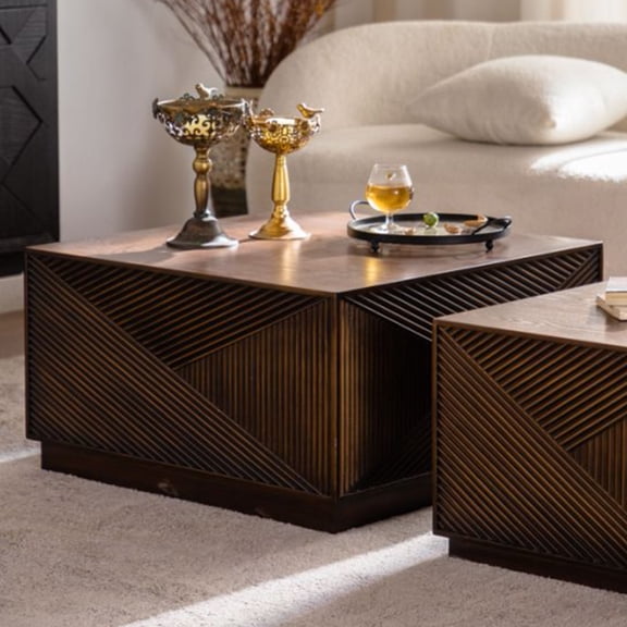 LiviNest Geometric Coffee Table: Modern Square Wooden Table with Unique Pattern Design & No Assembly Required - Living Room Center Table for Home Decor & Daily Use
