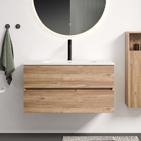 LiviNest Gloria 36" Wall Mounted Bathroom Vanity, Rough Oak Floating Vanity with Integrated Ceramic Sink & Overflow, Pre-Assembled with Soft Close Drawers