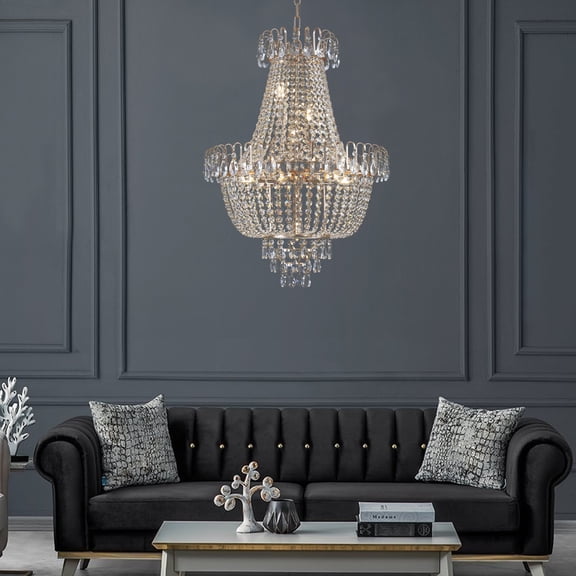 LiviNest Gold Crystal Chandelier: Large Contemporary Luxury Ceiling Lighting for High Ceiling Spaces - Modern Iron Frame with K9 Crystal Design for Living Room Dining Room Bedroom Hallway & Commercia